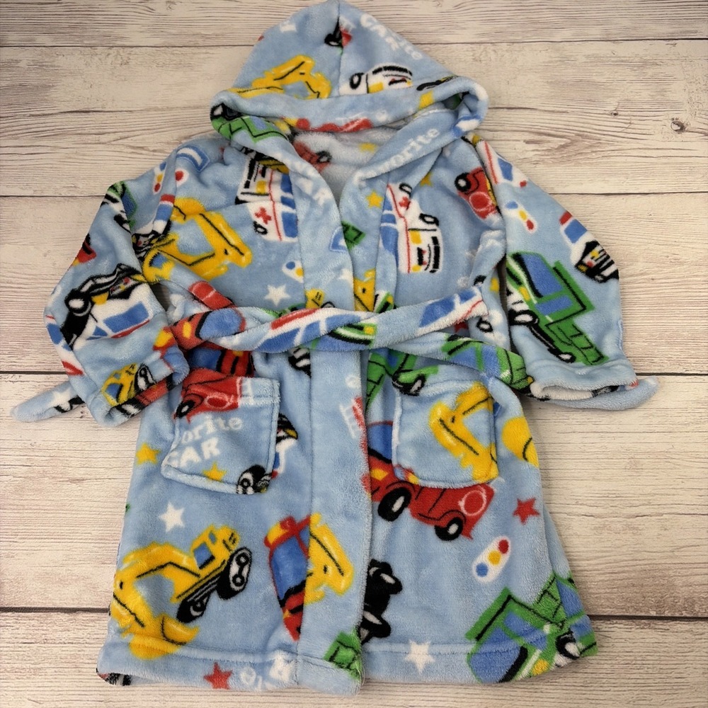 Kid's 5y SM Hooded Bathrobe Fleece Favorite Vehicles Theme Blue Multicolor